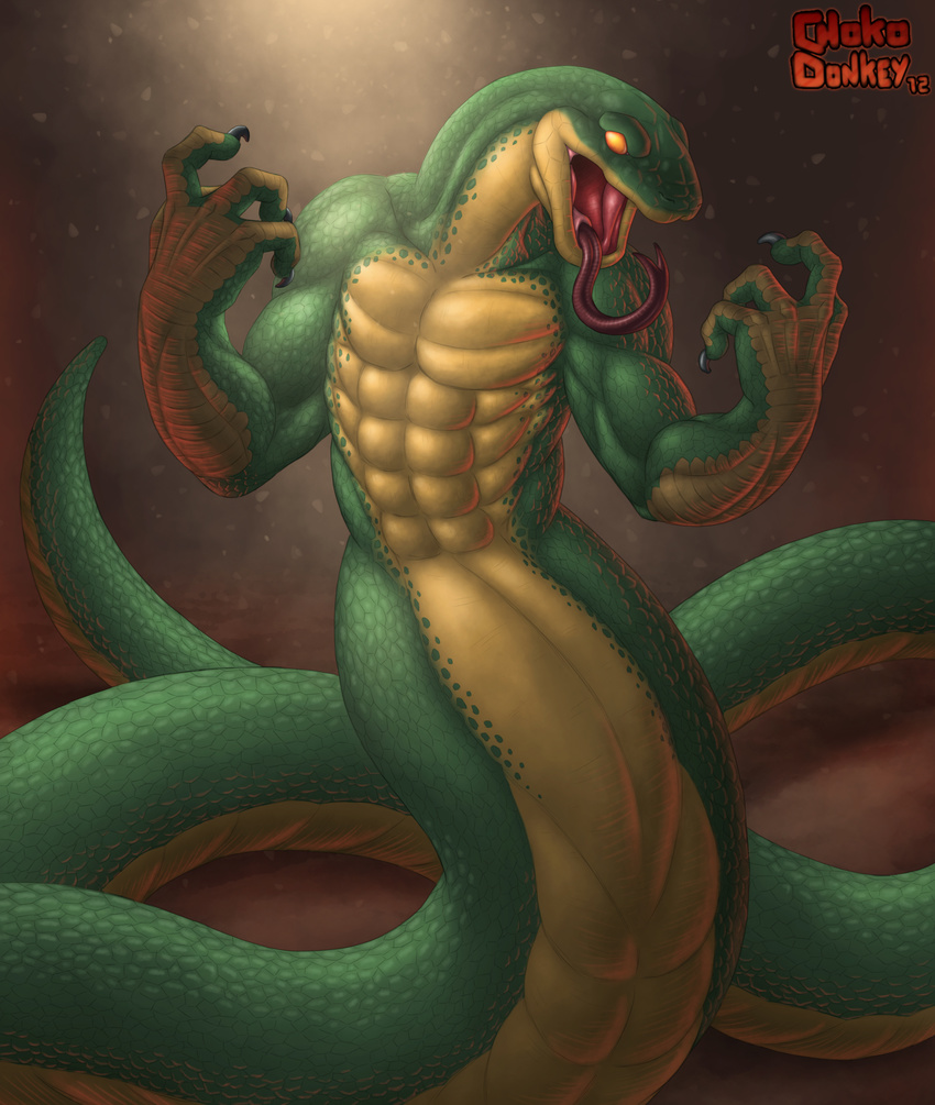 barbs chokodonkey claws forked_tongue green green_scales hi_res huge_tail long_tongue male muscles naga nude open_mouth orange_eyes penis reptile scalie simple_background snake solo tail tongue tongue_out yellow yellow_belly