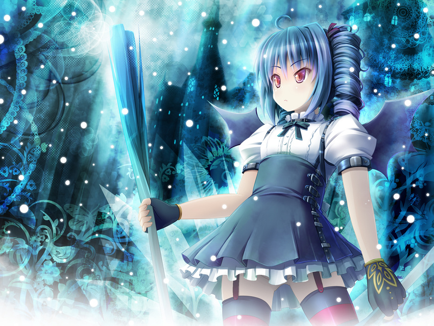 ahoge akashio_(loli_ace) alternate_hair_color alternate_hairstyle ass_visible_through_thighs bat_wings blue_hair dress drill_hair dual_wielding fingerless_gloves garter_straps gloves gothic_lolita holding kooh lolita_fashion pangya red_eyes short_hair solo spring_onion striped striped_legwear thighhighs wings