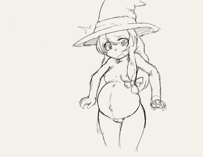 1girl bad_id bad_pixiv_id bow breasts d: fat_mons hair_bow hat hips inflation kirisame_marisa long_hair looking_at_viewer monochrome navel nipples nude omage_(hito) open_mouth pregnant pussy simple_background sketch small_breasts solo standing surprised sweatdrop thighs touhou uncensored witch_hat