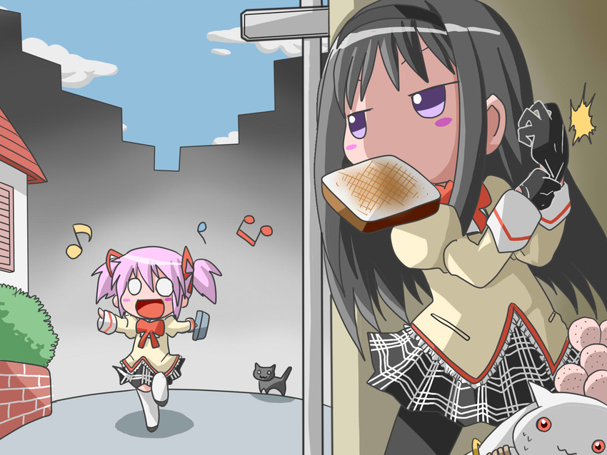 :3 akemi_homura bag black_hair black_legwear blush_stickers cat chibi food food_in_mouth gloves hairband head_bump highres hohetomaru jitome kaname_madoka kyubey late_for_school long_hair mahou_shoujo_madoka_magica mouth_hold multiple_girls musical_note o_o pantyhose pink_hair plaid plaid_skirt purple_eyes school_uniform short_twintails skirt thighhighs toast toast_in_mouth twintails white_legwear