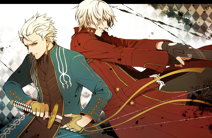 2boys artist_request blue_eyes brothers capcom dante dante_(devil_may_cry) devil_may_cry fingerless_gloves gloves gun katana multiple_boys senano-yu siblings smile sword trench_coat trenchcoat vergil weapon white_hair