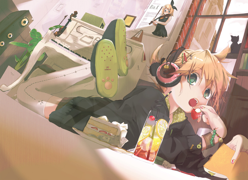 aqua_eyes blonde_hair brother_and_sister cameo cat drink dutch_angle glass hair_ornament hairclip headphones hekicha indoors instrument kagamine_len kagamine_rin kneehighs looking_at_viewer lying male_focus on_stomach open_mouth piano poster_(object) siblings solo speaker twins violin vocaloid