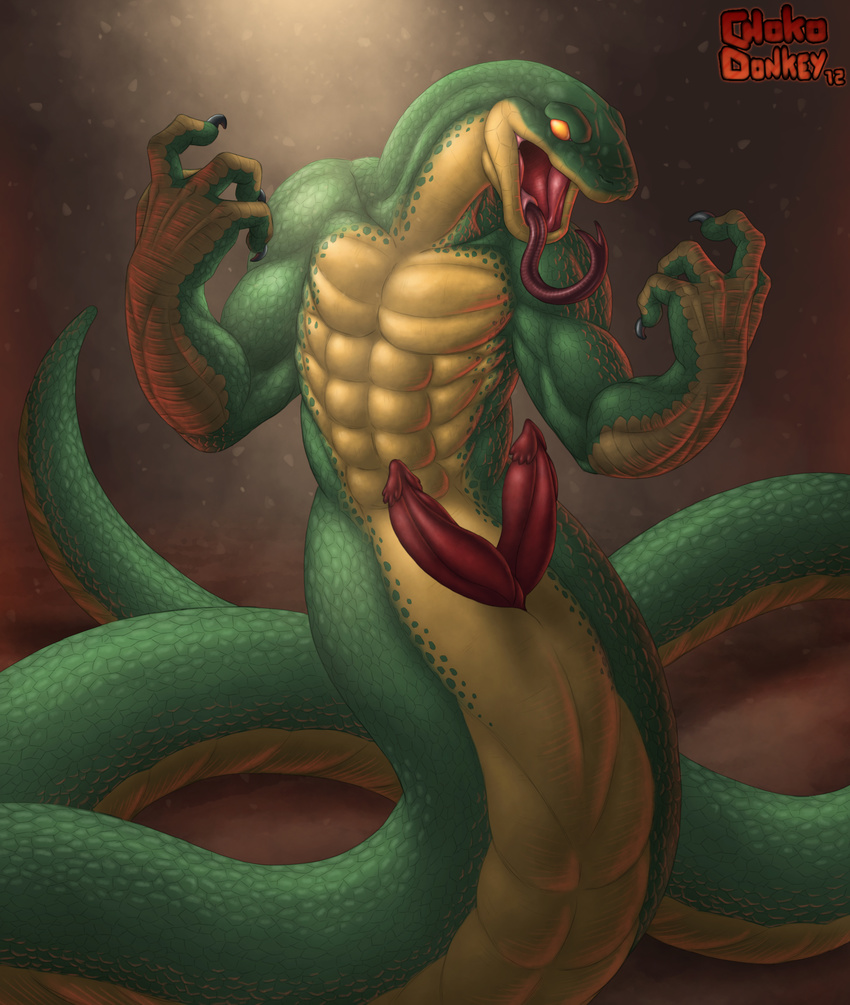 barbs chokodonkey claws cloaca erection forked_tongue green green_scales hemipenes hi_res huge_tail long_tongue male multi_cock muscles naga nude open_mouth orange_eyes penis reptile scalie simple_background slit snake solo tail tongue tongue_out yellow yellow_belly