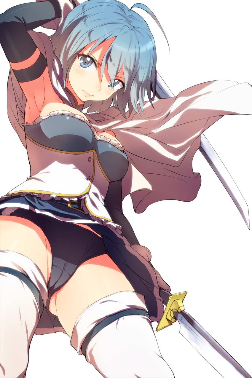 ahoge armpits ass_visible_through_thighs black_panties blue_eyes blue_hair cameltoe cape dual_wielding from_below gloves highres holding lips magical_girl mahou_shoujo_madoka_magica miki_sayaka naso4 panties serious short_hair simple_background solo sword thighhighs thighs underwear upskirt weapon white_background