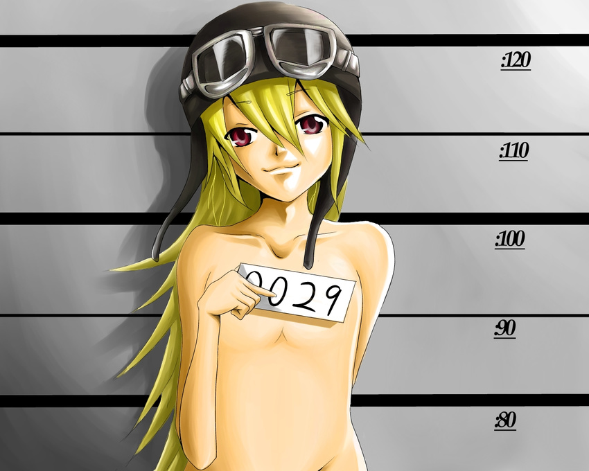 bad_anatomy bad_hands blonde_hair flat_chest goggles goggles_on_head hat height_chart holding holding_sign long_hair monogatari_(series) mugshot nisemonogatari nude oshino_shinobu red_eyes sign smile solo