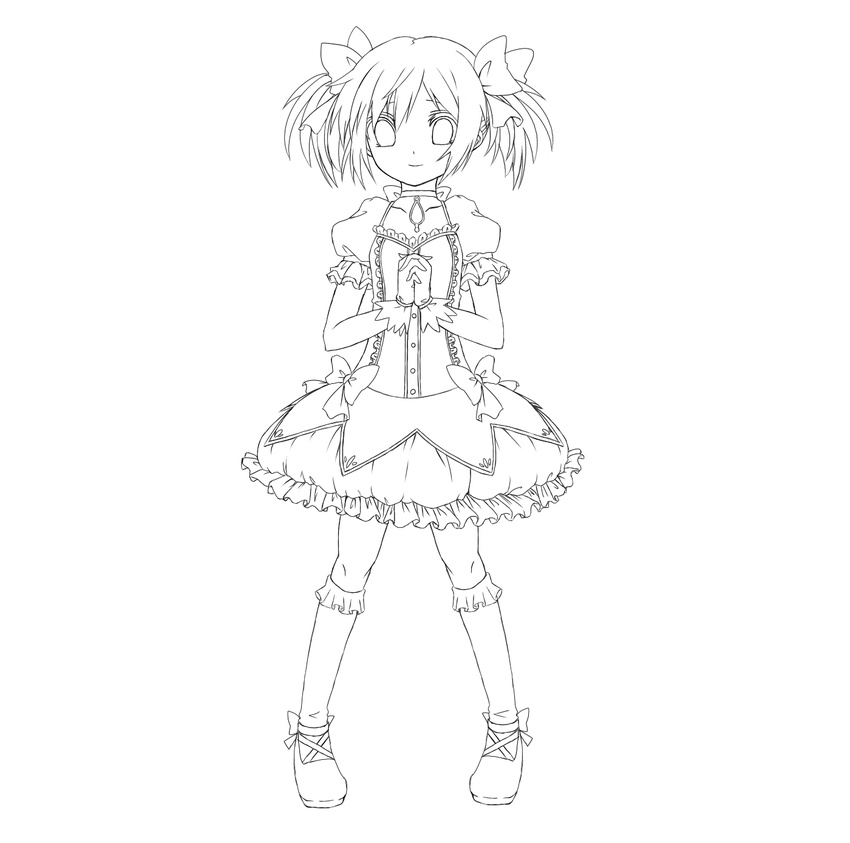 aji_paba bad_id bad_pixiv_id greyscale highres kaname_madoka lineart looking_at_viewer magical_girl mahou_shoujo_madoka_magica monochrome short_hair smile solo transparent_background