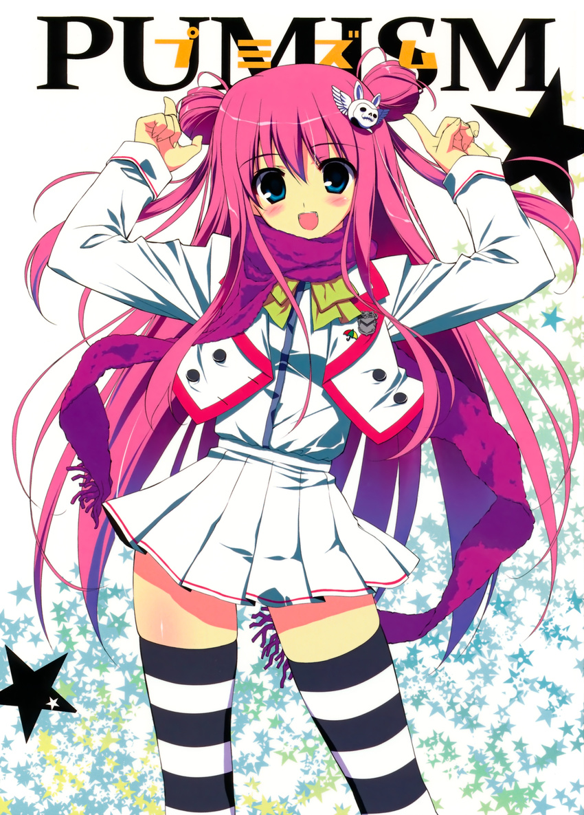 1girl :d absurdres arms_up blue_eyes blush bunny_hair_ornament character_request copyright_request cover cover_page double_bun fumio fumio_(ura_fmo) hair_ornament highres long_hair looking_at_viewer miniskirt open_mouth pink_hair pleated_skirt scarf skirt smile solo star striped striped_legwear thighhighs very_long_hair zettai_ryouiki