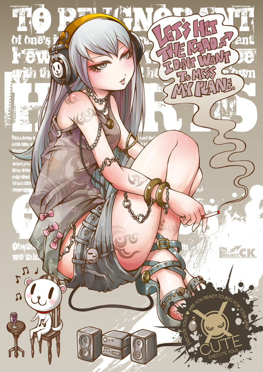 :3 blush bracelet cigarette cup drinking_glass english headphones high_heels highres jewelry long_hair musical_note open_mouth original project.c.k. shoes shorts smoke solo speaker tattoo wine_glass