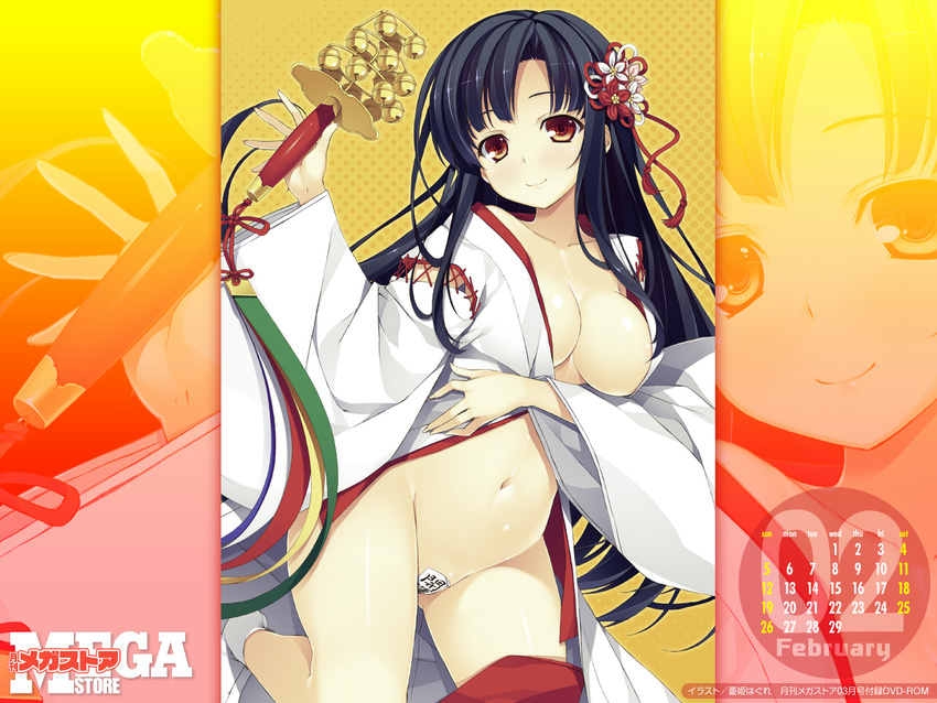 bell black_hair breasts calendar_(medium) cleavage february hair_ornament japanese_clothes jingle_bell kagura_suzu large_breasts long_hair maebari miko navel no_panties open_clothes original red_eyes smile solo tabi wallpaper yuuki_hagure zoom_layer