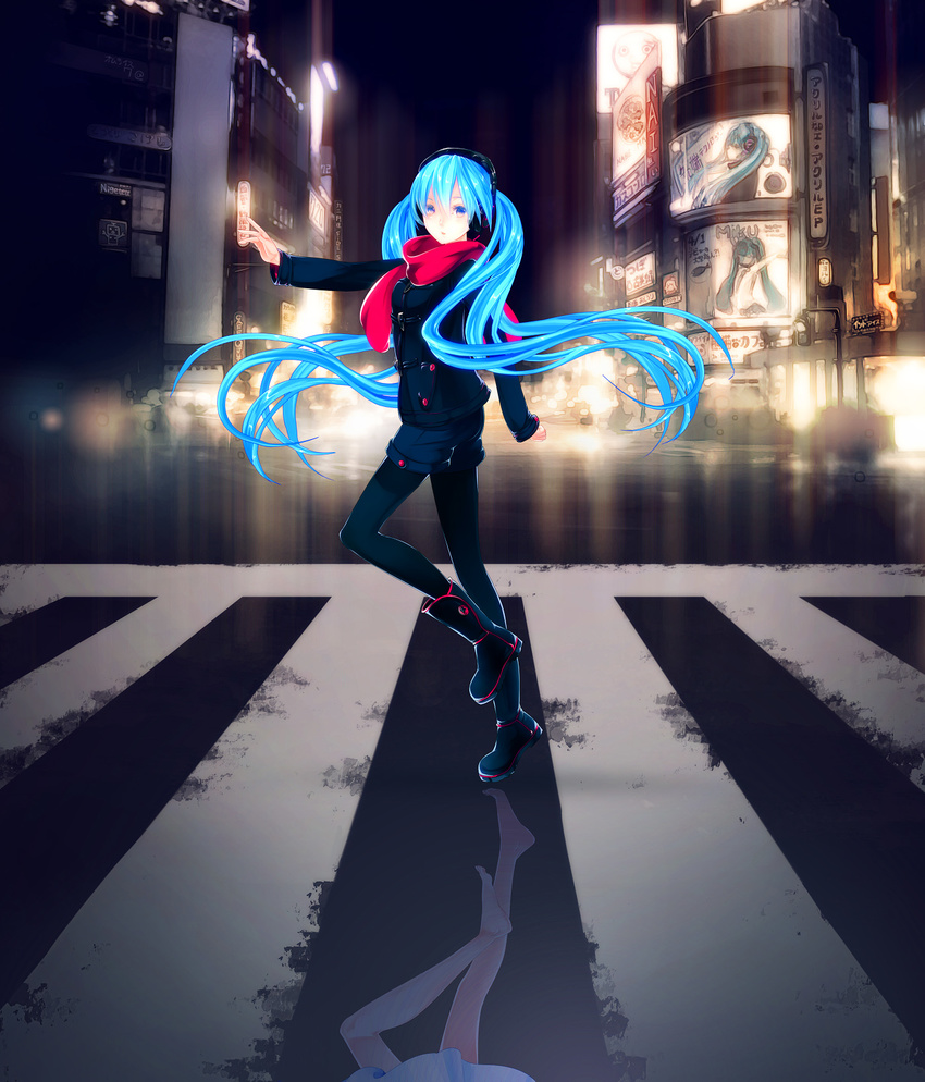 aqua_eyes aqua_hair barefoot black_legwear boots casual city_lights cityscape crosswalk different_reflection floating_hair full_body glowing glowing_hair hatsune_miku headphones highres ixima legwear_under_shorts long_hair looking_at_viewer night pantyhose red_scarf reflection scarf shorts solo standing standing_on_one_leg tiptoes toumei_kousaten_(vocaloid) twintails very_long_hair vocaloid