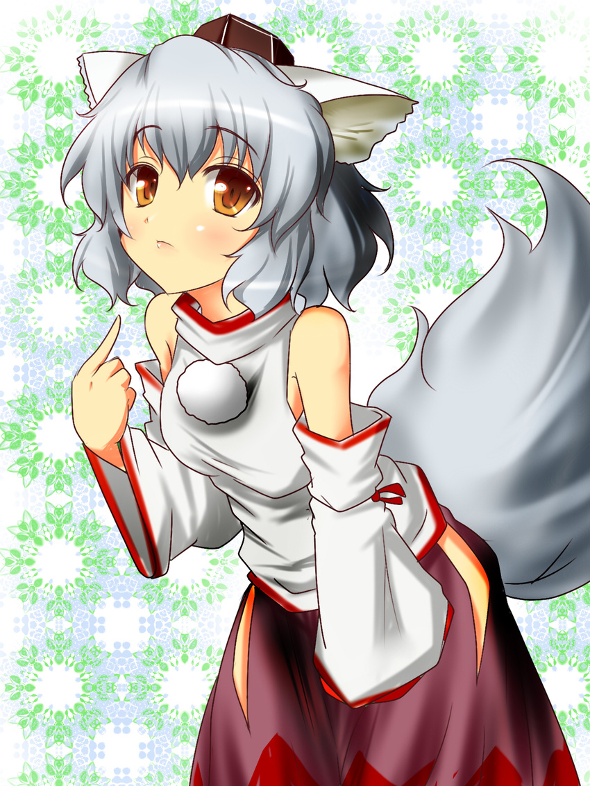 animal_ears bare_shoulders detached_sleeves fukunaga_kazuhiro hakama hat highres inubashiri_momiji japanese_clothes leaning_forward mullet pointing pointing_at_self short_hair silver_hair solo tail tokin_hat touhou wolf_ears wolf_tail