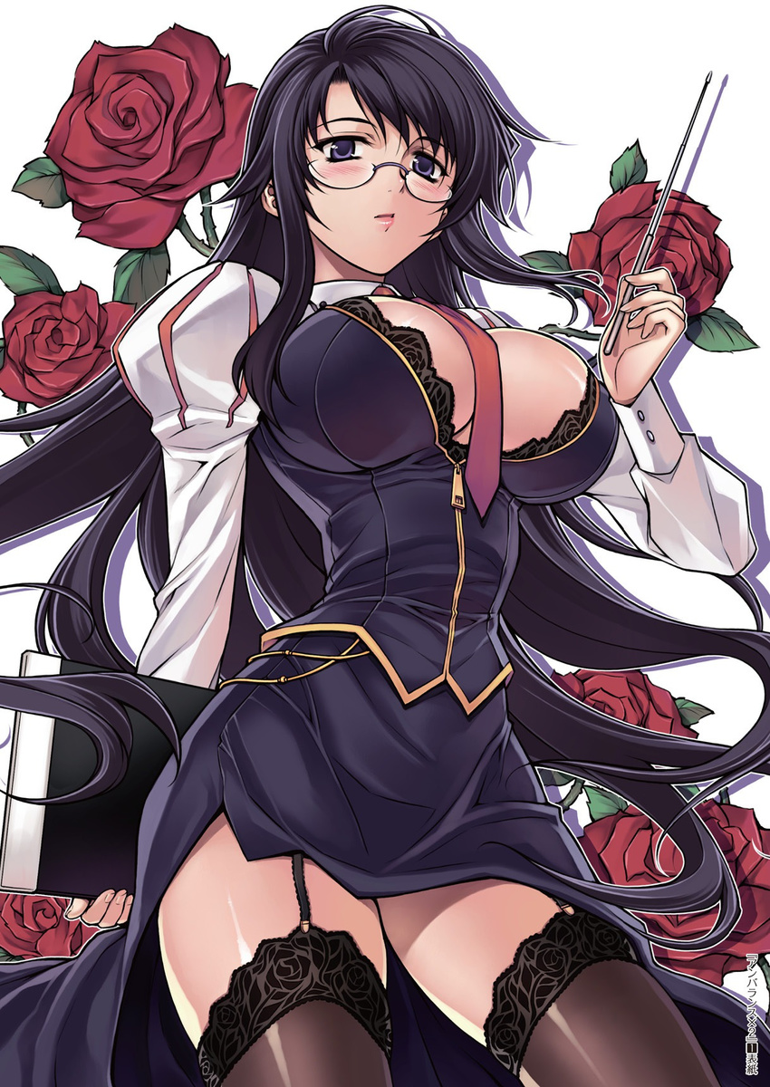 black_bra black_legwear blush bra breasts cleavage flower garter_straps glasses hae-young_na highres lace lace-trimmed_thighhighs large_breasts lingerie lips long_hair necktie pointer puffy_sleeves purple_eyes purple_hair rose skirt solo soo-hyon_lee thighhighs thighs unbalance_unbalance underwear unzipped