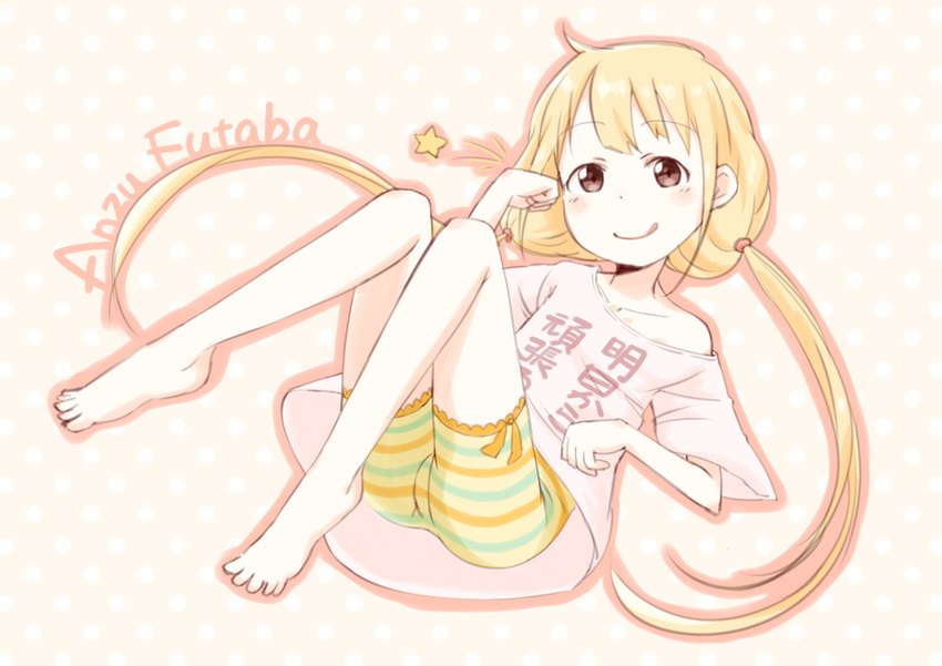 :q barefoot blonde_hair blush brown_eyes character_name chomo_(asymmate) clothes_writing futaba_anzu idolmaster idolmaster_cinderella_girls long_hair shirt smile solo t-shirt tongue tongue_out twintails