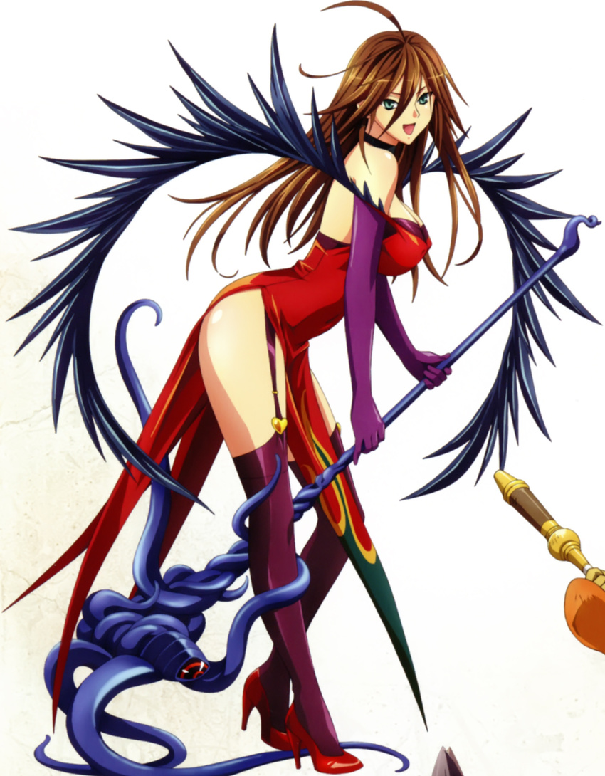 absurdres brown_hair dress female girl green_eyes high_heels highres legwear long_hair nyx queen's_blade queen's_blade red_dress smile solo standing stockings thighhighs