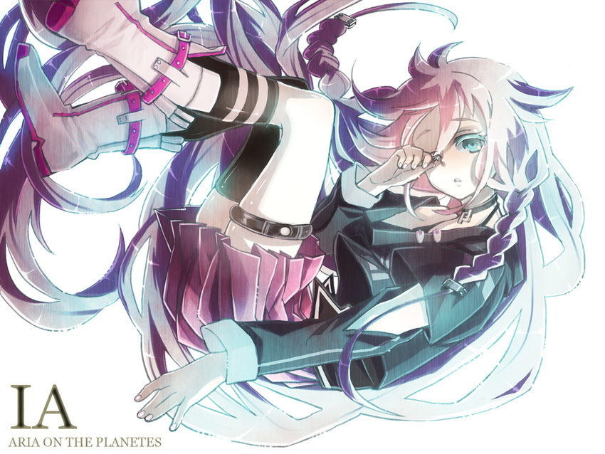 aki_(aporo_body) bad_id bad_pixiv_id bare_shoulders blue_eyes boots braid character_name choker ia_(vocaloid) long_hair mismatched_legwear off_shoulder pink_hair simple_background single_sock single_thighhigh skirt socks solo striped striped_legwear thigh_strap thighhighs twin_braids very_long_hair vocaloid wince