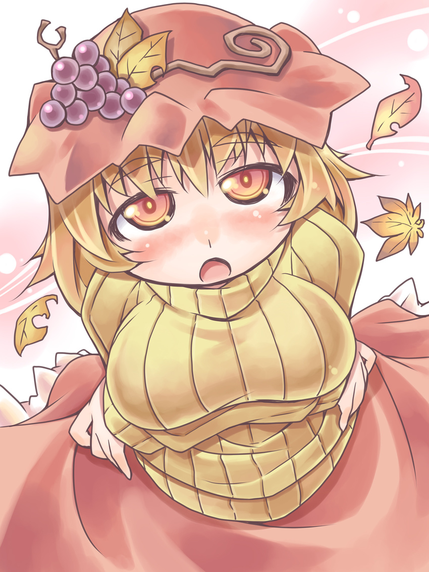 aki_minoriko blonde_hair blush breast_hold breasts crossed_arms food fruit grapes hat highres large_breasts leaf looking_at_viewer nyagakiya open_mouth red_eyes ribbed_sweater short_hair solo sweater touhou