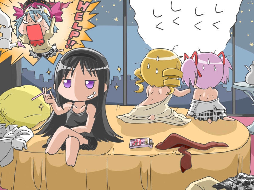 after_sex akemi_homura angry bare_shoulders barefoot bed bedroom black_hair blonde_hair blue_hair charlotte_(madoka_magica) clothes_on_bed clothes_removed commentary_request cup drill_hair english fang food hair_ornament hairband hairclip highres hohetomaru implied_yuri kaname_madoka kyubey long_hair mahou_shoujo_madoka_magica mami_mogu_mogu messy_hair miki_sayaka mitakihara_school_uniform multiple_girls naked_sheet nightgown pantyhose pantyhose_removed pillow pink_hair pocky ruined_for_marriage school_uniform shiny shiny_skin short_hair short_twintails sitting skirt sparkle square_mouth sweat sweatdrop teacup tomoe_mami translated twin_drills twintails window