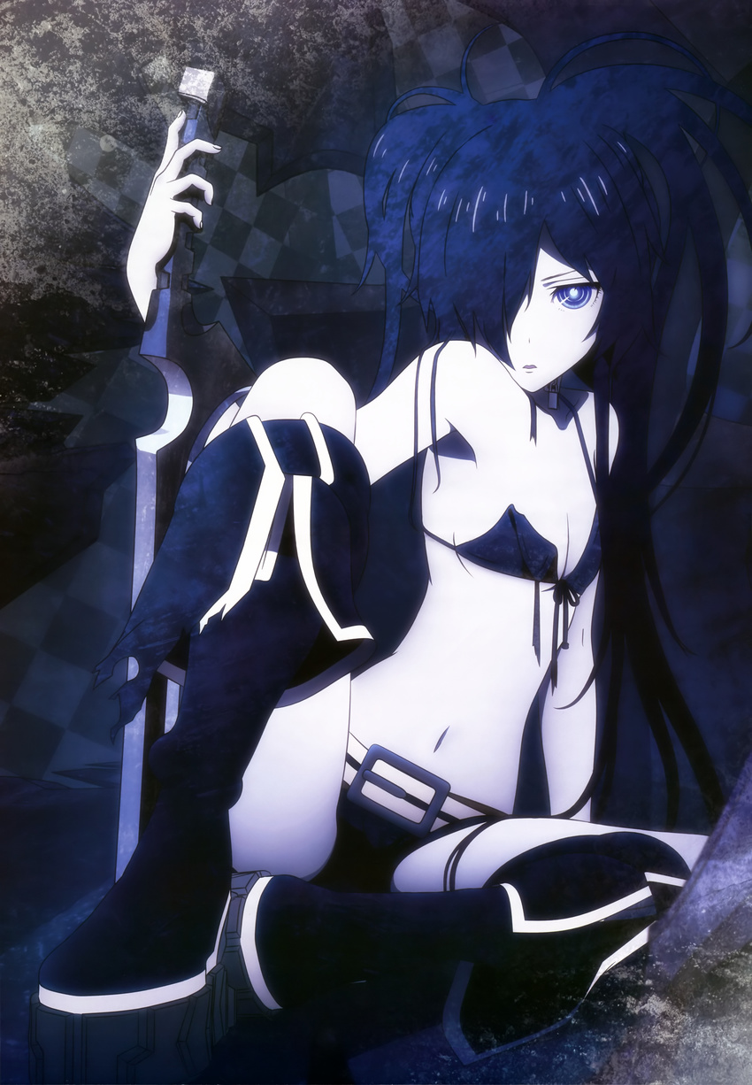 absurdres belt black_rock_shooter black_rock_shooter_(character) boots checkered duplicate hair_over_one_eye highres long_hair non-web_source nyantype official_art shorts solo sword very_long_hair weapon white_skin