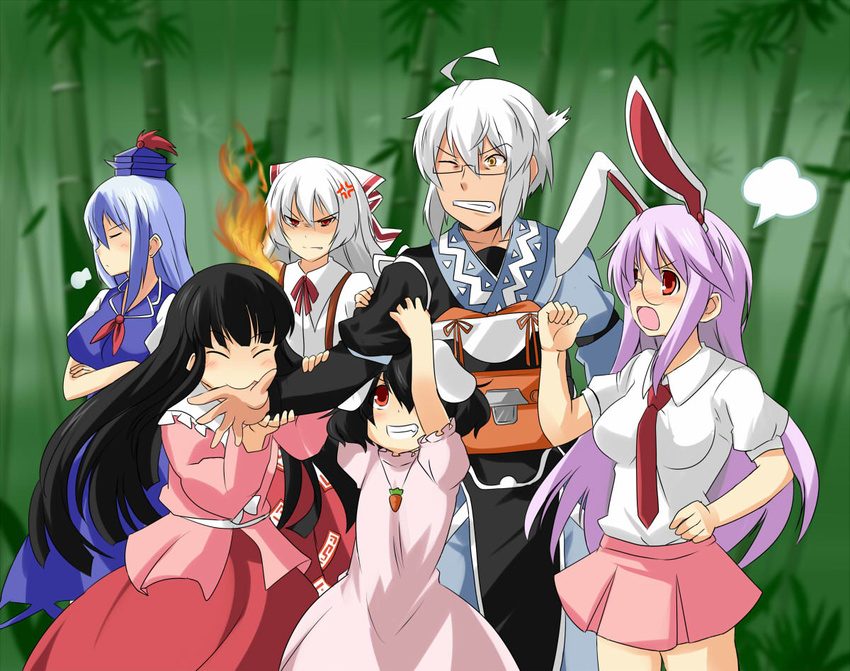 5girls ahoge anger_vein animal_ears ascot bamboo bamboo_forest be_(o-hoho) bespectacled biting black_hair blush bunny_ears carrot carrot_necklace choker derivative_work dress fire forest fujiwara_no_mokou glasses grin hair_ribbon hand_biting harem hetero jewelry kamishirasawa_keine long_hair morichika_rinnosuke multicolored_hair multiple_girls nature necklace necktie ofuda one_eye_closed open_mouth pants parody pendant purple_hair rance_(series) red_eyes reisen_udongein_inaba ribbon shaded_face short_hair sigh skirt smile suspenders touhou two-tone_hair very_long_hair white_hair yellow_eyes