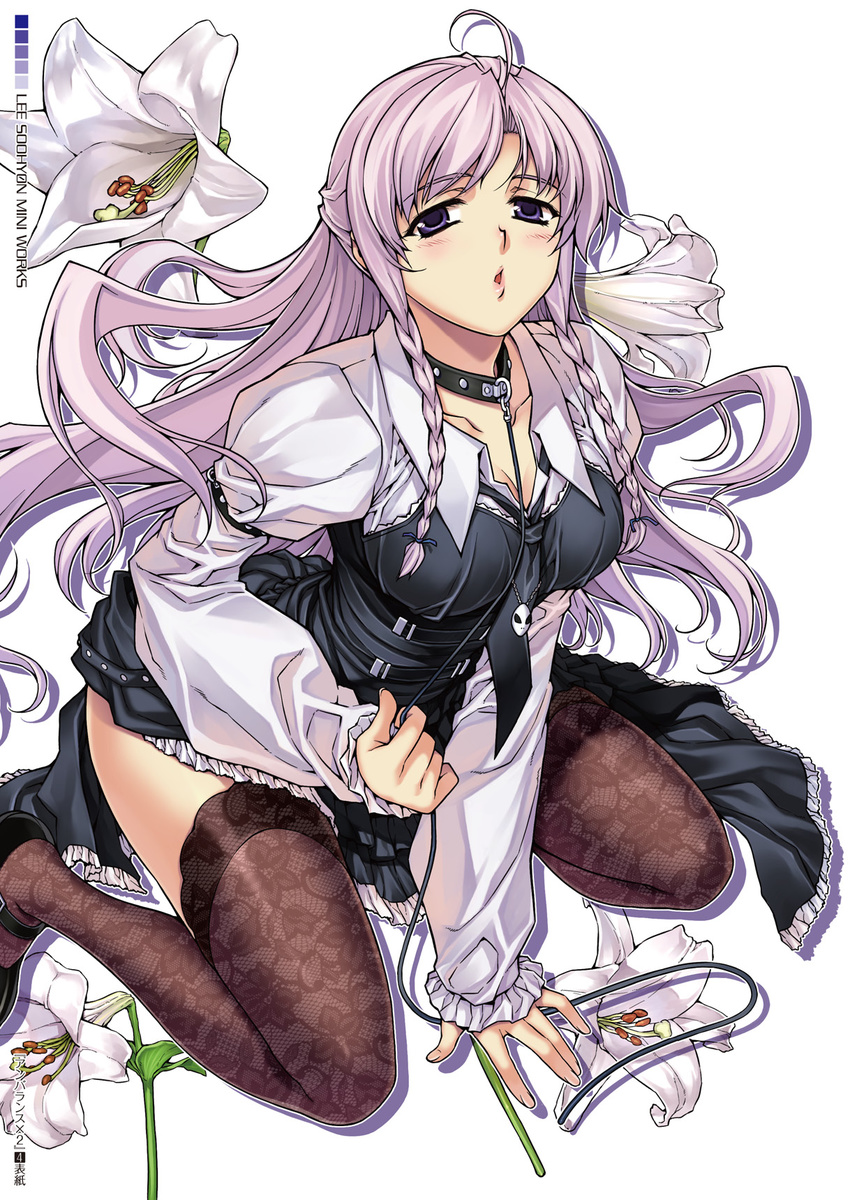 :o ahoge arm_support bdsm black_legwear blush bondage bound braid breasts chain cleavage collar eun_ami flower highres lace large_breasts leaning_forward leash long_hair looking_at_viewer open_mouth purple_eyes purple_hair scan simple_background sitting slave solo soo-hyon_lee thighhighs twin_braids unbalance_unbalance wariza
