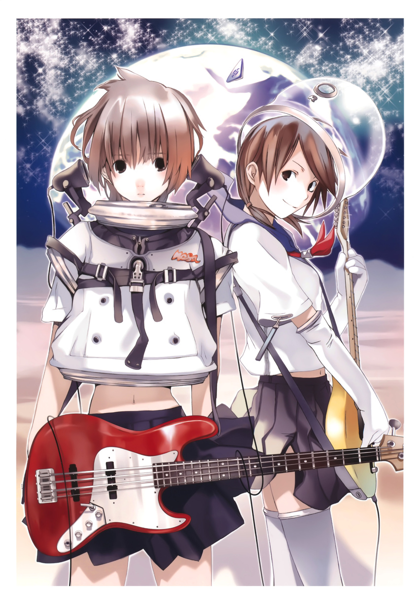 absurdres astronaut bass_guitar brown_eyes brown_hair elbow_gloves gloves helmet highres houden_eizou instrument jazz_bass looking_at_viewer low_twintails midriff multiple_girls navel original pleated_skirt school_uniform serafuku short_hair skirt smile sparkle thighhighs twintails white_gloves white_legwear yasuda_suzuhito