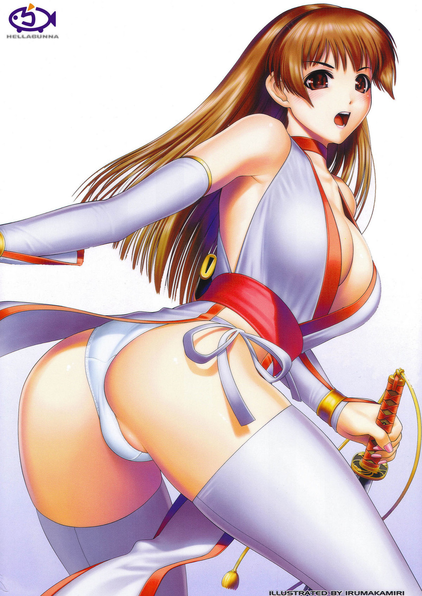 ass blush breasts brown_eyes brown_hair choker cleavage curvy dead_or_alive highres iruma_kamiri japanese_clothes kasumi_(doa) katana large_breasts long_hair looking_back ninja open_mouth pelvic_curtain simple_background solo sword thighhighs underwear weapon white_legwear