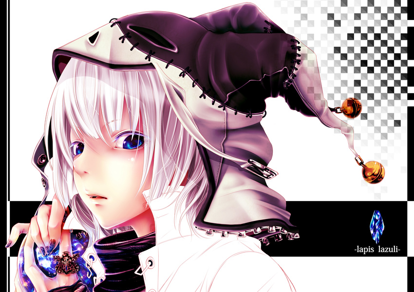 absurdres bad_id bad_pixiv_id bell blue_eyes bouno_satoshi english halo hat highres jester_cap jingle_bell lips original personification skull solo work_in_progress