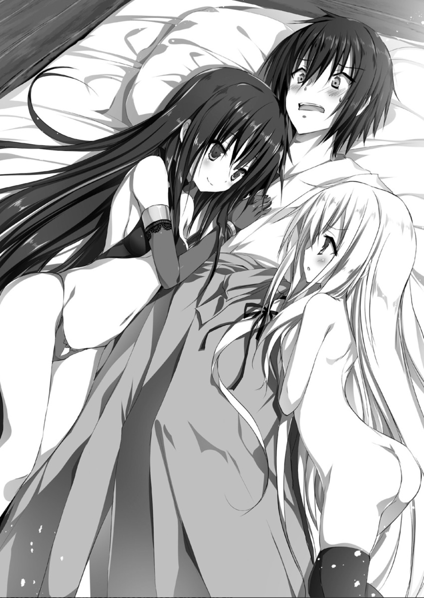 1boy 2girls bed_sheet bracelet breasts elbow_gloves eye_contact flat_chest from_above gloves greyscale hair_ribbon hakama highres japanese_clothes jewelry kimono long_hair looking_at_another lying monochrome multiple_girls novel_illustration nude official_art on_back on_side panties pillow ribbon seirei_tsukai_no_blade_dance shimesaba_kohada shiny shiny_hair sideboob small_breasts smile underwear very_long_hair