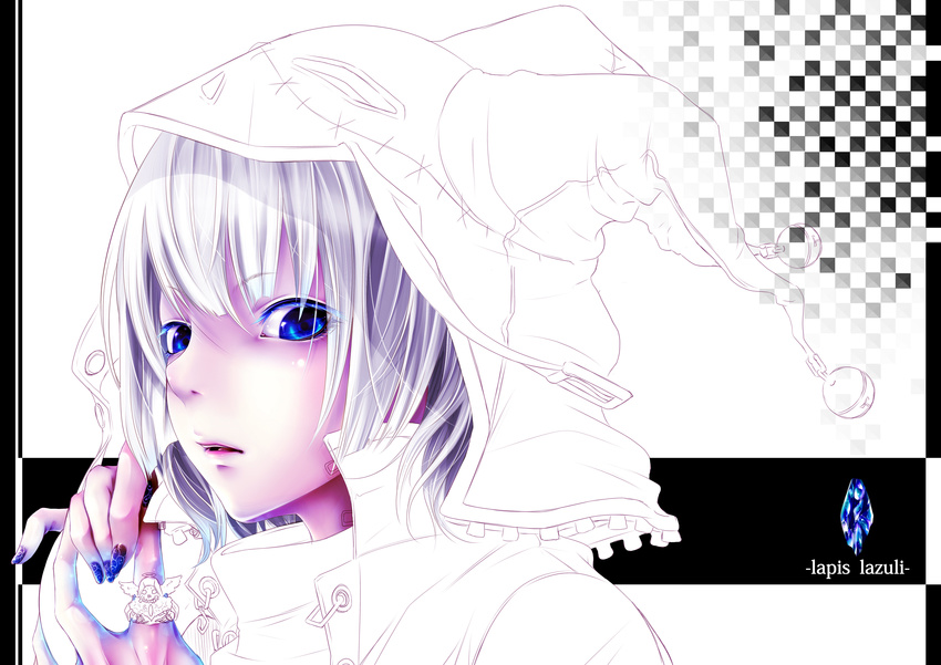 absurdres bad_id bad_pixiv_id bell blue_eyes bouno_satoshi english halo hat highres jester_cap jingle_bell lips original personification skull solo work_in_progress