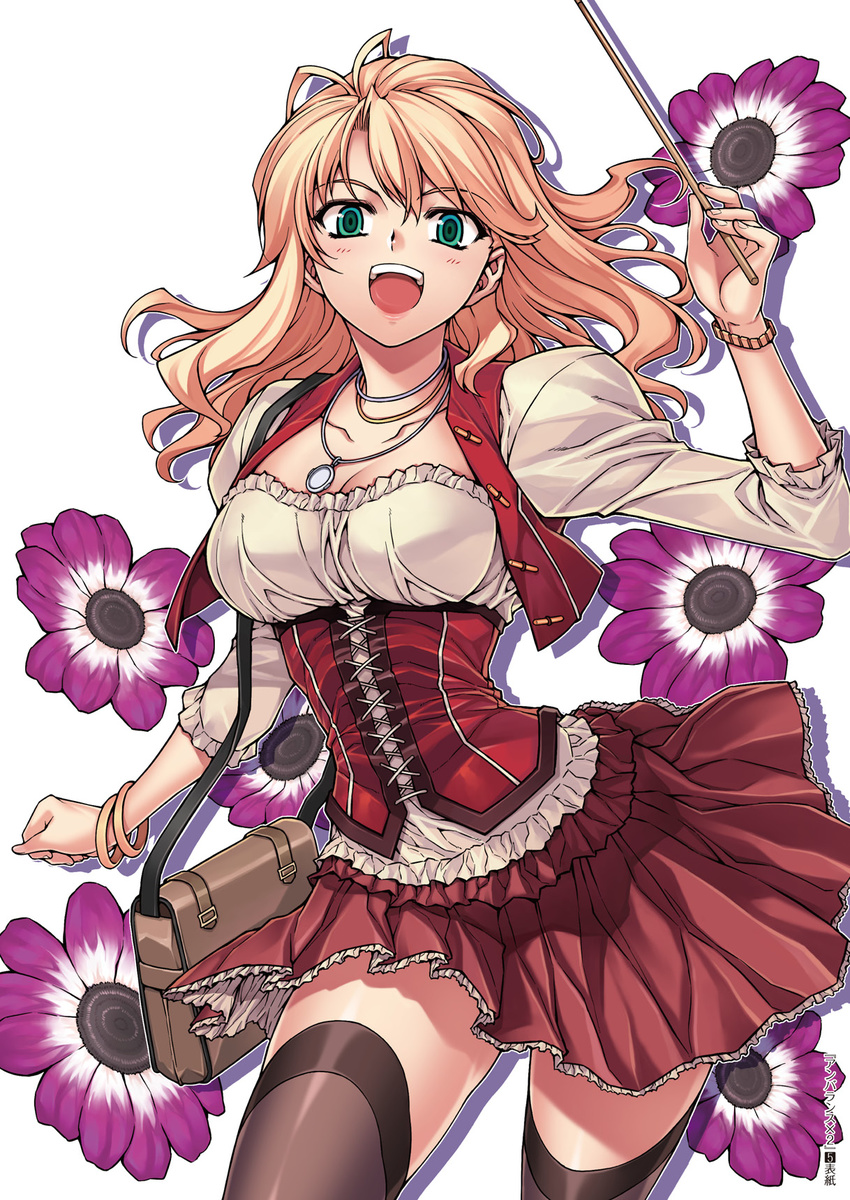 :d bag black_legwear blonde_hair breasts caroline cleavage corset flower frilled_skirt frills green_eyes handbag highres jewelry large_breasts long_hair necklace open_mouth pointer puffy_sleeves skirt smile solo soo-hyon_lee thighhighs unbalance_unbalance wand watch wristwatch