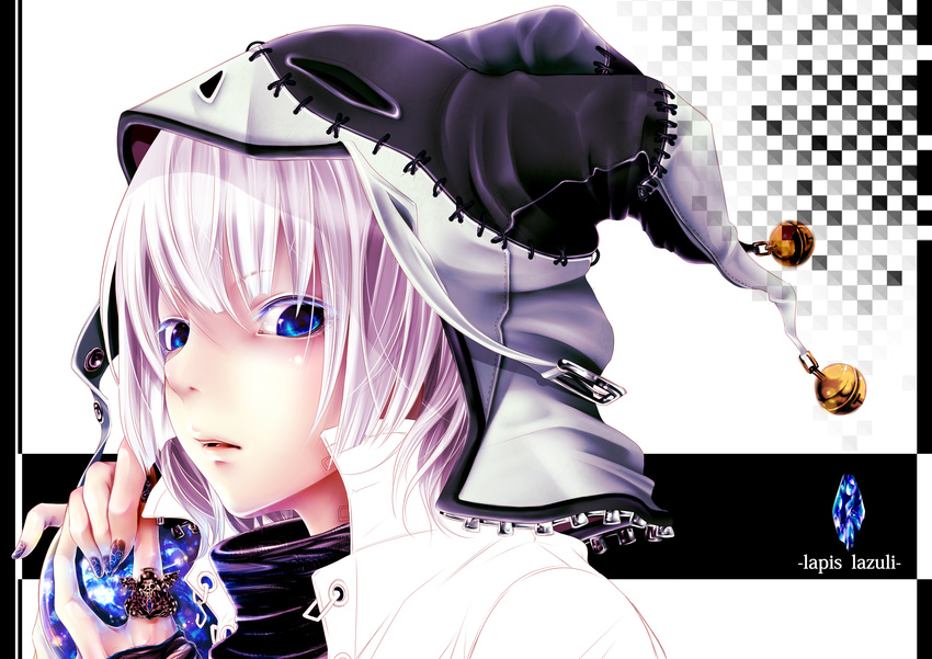 absurdres bad_id bad_pixiv_id bell blue_eyes bouno_satoshi english halo hat highres jester_cap jingle_bell lips original personification skull solo work_in_progress