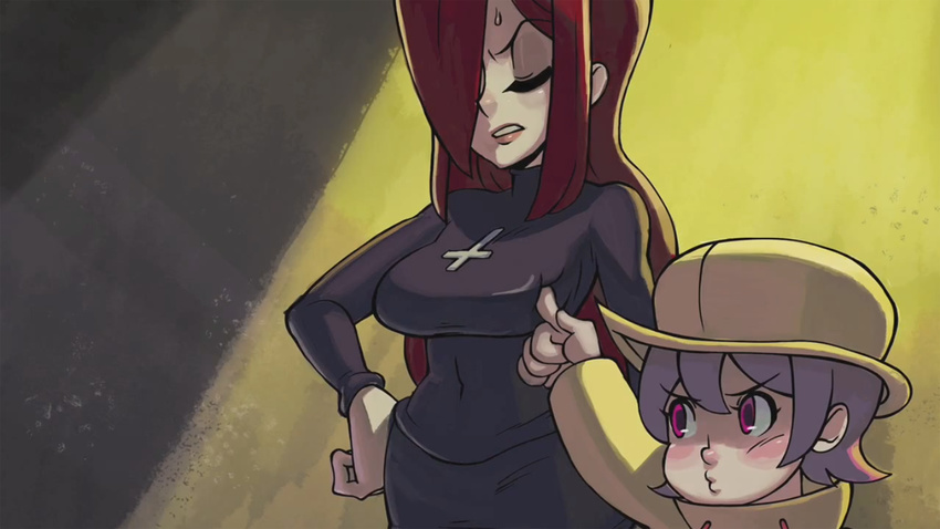 alex_ahad annoyed breast_poke breasts cross hair_over_one_eye hand_on_hip hat height_difference inverted_cross lab_zero_games long_hair long_sleeves medium_breasts multiple_girls o3o official_art parasoul_(skullgirls) poking pout purple_eyes raincoat red_hair siblings sisters skullgirls standing sweater umbrella_(skullgirls) yellow_eyes