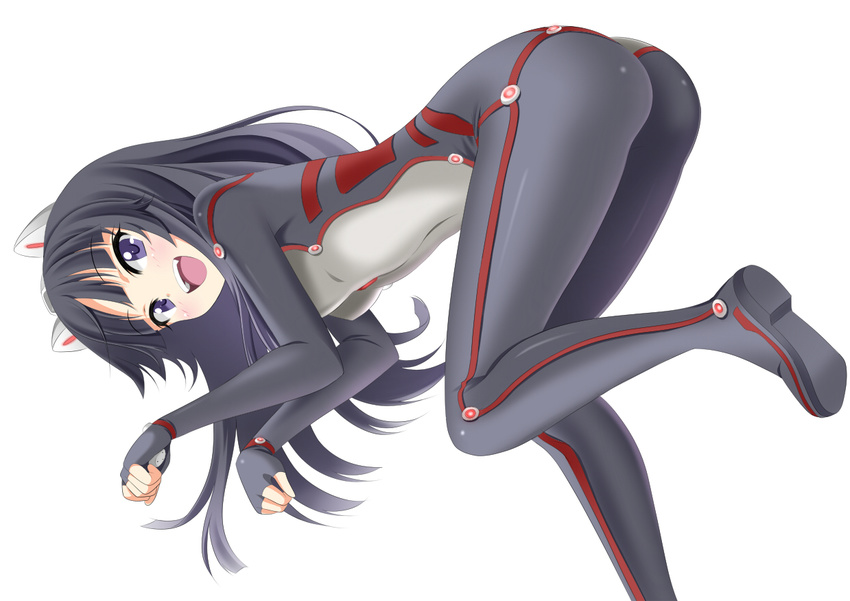 animal_ears ass bad_id bad_pixiv_id blue_eyes blue_hair blush bodysuit cat_ears dansa guilty_crown long_legs looking_at_viewer open_mouth paw_pose solo tsugumi_(guilty_crown)