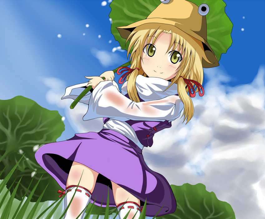 blonde_hair cloud day grass hat irie_keisuke_(handn) lily_pad moriya_suwako short_hair sidelocks skirt skirt_set sky smile solo touhou umbrella wide_sleeves yellow_eyes