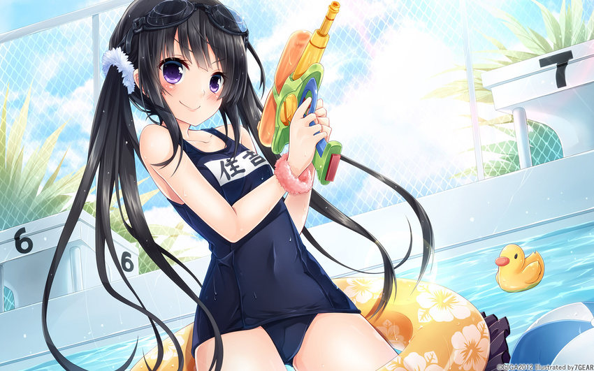 7gear black_hair blush character_name goggles goggles_on_head hatachi highres holding hotchkiss innertube long_hair one-piece_swimsuit pool purple_eyes rubber_duck school_swimsuit smile solo sumiyoshi_nana swimsuit translated twintails wallpaper water water_gun