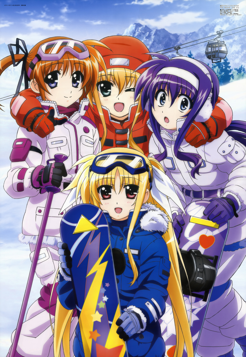 absurdres arisa_bannings blonde_hair blue_eyes bodysuit brown_hair cloud day earmuffs fate_testarossa gloves goggles green_eyes hair_ribbon hashimoto_takayoshi hat highres long_hair lyrical_nanoha mahou_shoujo_lyrical_nanoha mahou_shoujo_lyrical_nanoha_a's mahou_shoujo_lyrical_nanoha_the_movie_2nd_a's megami multiple_girls non-web_source official_art one_eye_closed open_mouth purple_eyes purple_hair red_eyes ribbon sky snow snowboard takamachi_nanoha tsukimura_suzuka twintails very_long_hair