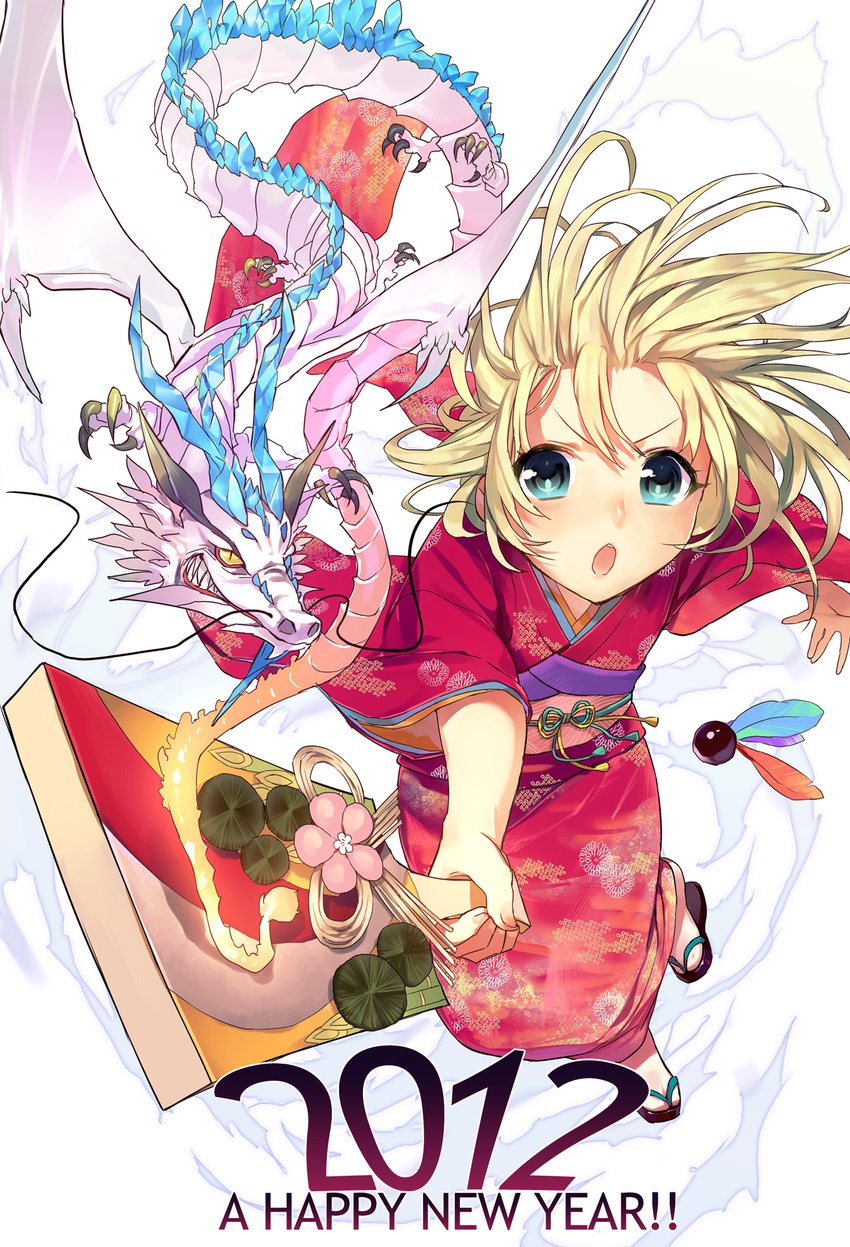 2012 :o aqua_eyes bad_id bad_pixiv_id ball blonde_hair claws clog_sandals dragon eastern_dragon english hagoita highres holding horns japanese_clothes kimono looking_at_another new_year noco_(adamas) obi open_mouth original paddle patterned perspective sash sharp_teeth short_hair solo tabi tassel teeth v-shaped_eyebrows wide_sleeves yellow_eyes