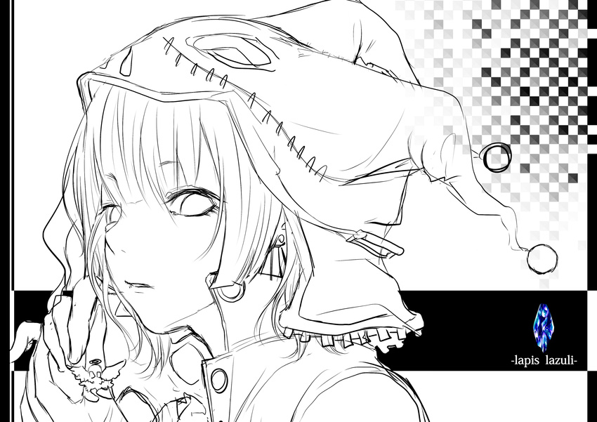 absurdres bad_id bad_pixiv_id bell bouno_satoshi english greyscale halo hat highres jester_cap jingle_bell lips monochrome original personification sketch skull solo spot_color work_in_progress