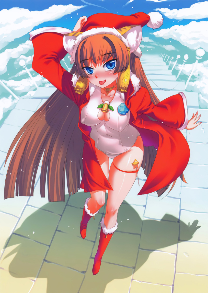 :p absurdres animal_ears blue_eyes blue_sky blush boots breasts brown_hair choker cloud covered_nipples day fingernails foreshortening from_above fur_trim hair_tubes hat highres jacket koume_keito long_hair looking_at_viewer medium_breasts one-piece_swimsuit original ribbon santa_boots santa_hat school_swimsuit shadow sky solo stairs swimsuit thigh_ribbon tiger_ears tongue tongue_out very_long_hair white_school_swimsuit white_swimsuit