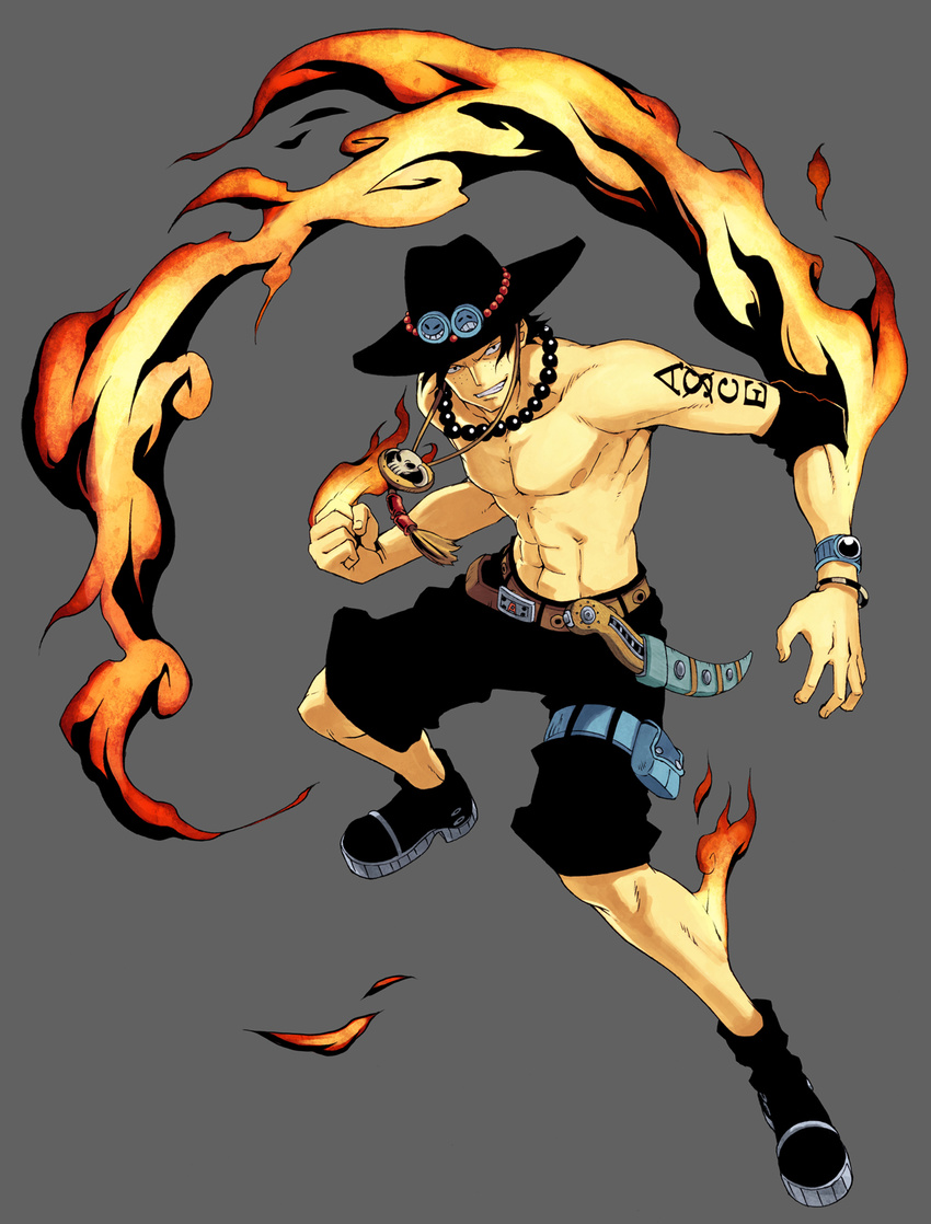 belt black_eyes black_hair boots cowboy_hat fire hat highres jewelry knife male_focus momo_moto muscle necklace one_piece portgas_d_ace shirtless shorts smile solo tattoo