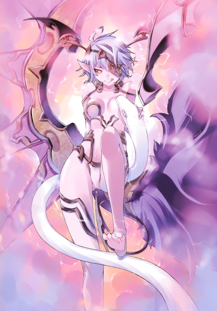 :q absurdres armor bare_shoulders barefoot blue_hair convenient_censoring eyepatch feet headdress highres horn original pointy_ears red_eyes short_hair single_thighhigh smile snake soles solo tail thighhighs toeless_legwear toes tongue tongue_out white_legwear yasuda_suzuhito