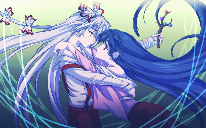 bad_id bad_pixiv_id bangs bare_shoulders blue_hair branch cowboy_shot eye_contact eyelashes face-to-face frills from_side fujiwara_no_mokou gradient gradient_background green_background hair_ornament hand_on_another's_back hand_on_another's_shoulder highres holding houraisan_kaguya hug jeweled_branch_of_hourai long_sleeves looking_at_another miko_embrace multiple_girls off_shoulder outstretched_arm pants parody parted_lips profile red_pants red_skirt shirt silver_hair skirt suspenders tommy_(95_tamaki_1207) touhou wallpaper white_shirt yuri