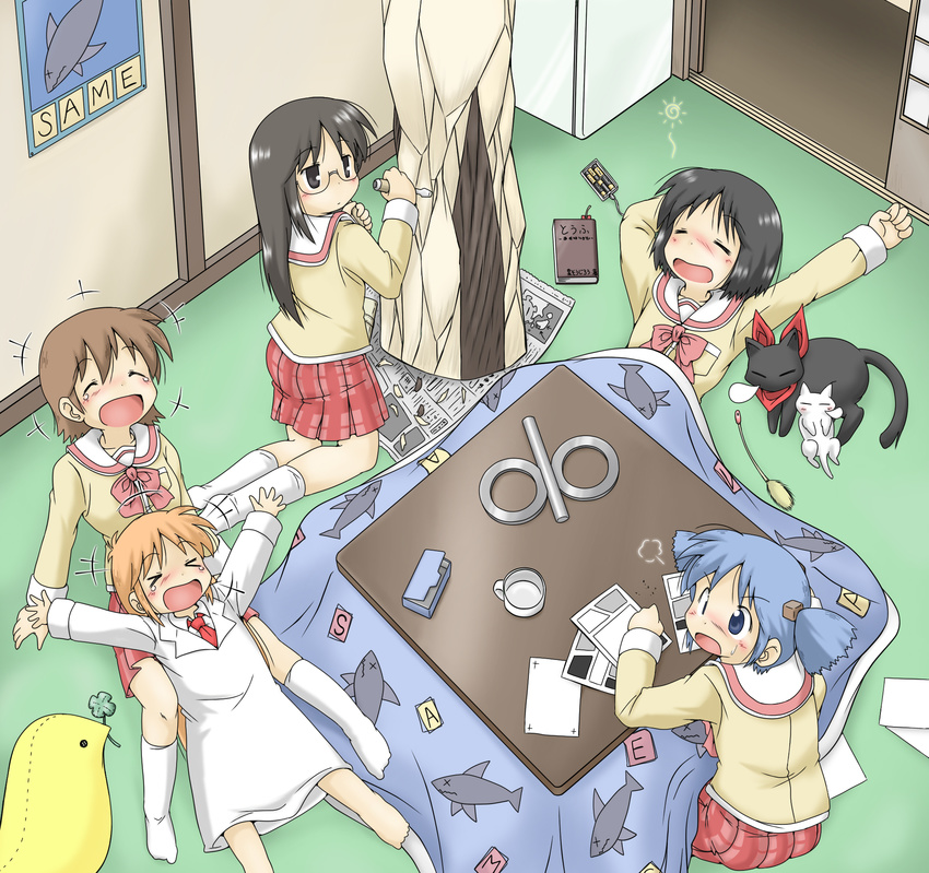 aioi_yuuko black_eyes black_hair blonde_hair blue_eyes blue_hair blush book brown_hair cat chisel closed_eyes cup gaketsu glasses hair_cubes hair_ornament highres kneeling kotatsu laughing long_hair lying minakami_mai multiple_girls naganohara_mio nichijou on_back open_mouth professor_shinonome sakamoto_(nichijou) school_uniform serafuku shinonome_nano short_hair short_twintails sitting skirt sleeping smile table tokisadame_school_uniform twintails white_legwear winding_key