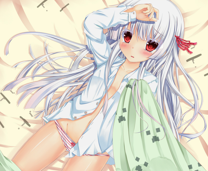 animal_ears bed blanket blush colored_eyelashes creeper eyelashes fujieda_uzuki ghast groin highres long_hair lying minecraft navel no_pants on_back open_clothes open_mouth open_shirt panties personification red_eyes shirt silver_hair solo striped striped_panties tears underwear