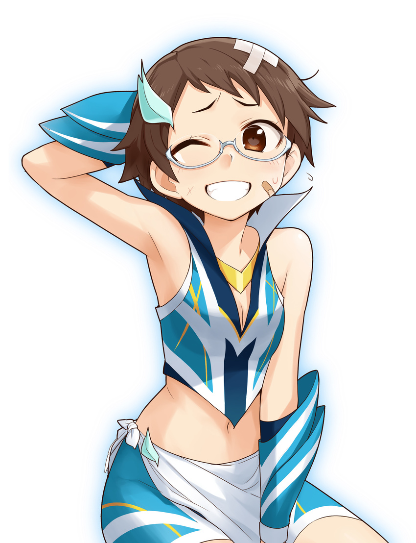 ;d absurdres bandaid bare_shoulders brown_eyes brown_hair glasses grin heebee highres idolmaster idolmaster_cinderella_girls kitagawa_mahiro midriff navel one_eye_closed open_mouth short_hair simple_background smile solo teeth