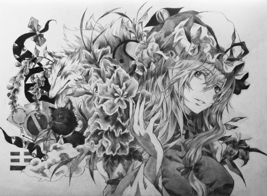 bad_id bad_pixiv_id bow chen chen_(cat) earrings eyes flower gap graphite_(medium) greyscale hair_bow hat hat_ribbon jewelry long_hair monochrome neko_(yanshoujie) ribbon sign solo touhou traditional_media yakumo_ran yakumo_ran_(fox) yakumo_yukari