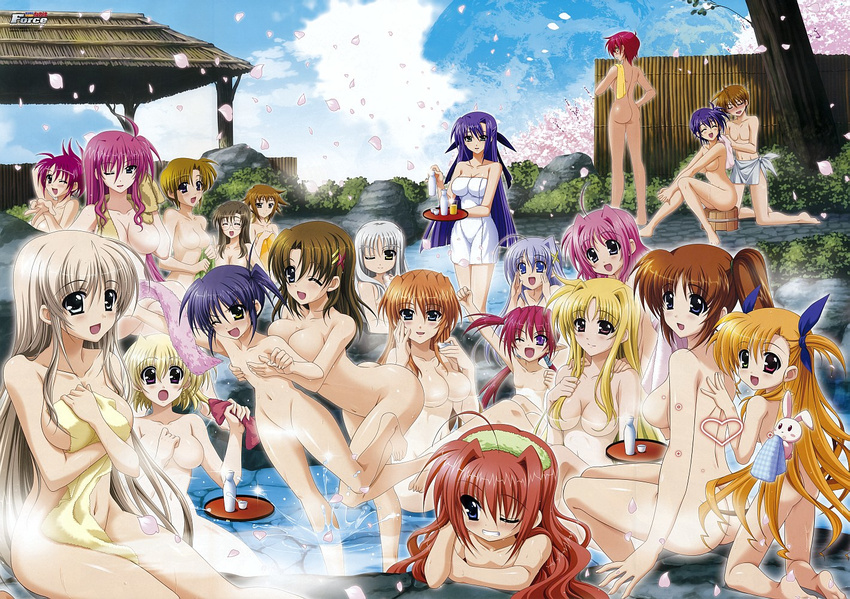 6+girls :d agito_(nanoha) alcohol alto_krauetta annotated ass blonde_hair blue_eyes blue_hair breast_press breasts brown_hair caro_ru_lushe cherry_blossoms cinque_(nanoha) cleavage closed_eyes covering dieci_(nanoha) fate_testarossa flat_chest ginga_nakajima glasses green_eyes groping heart heterochromia higa_yukari isis_eaglet large_breasts lily_strosek long_hair lyrical_nanoha mahou_senki_lyrical_nanoha_force mahou_shoujo_lyrical_nanoha_strikers mahou_shoujo_lyrical_nanoha_vivid mixed_bathing multiple_girls naked_towel no_nipples nove_(nanoha) nude nude_cover numbers_(nanoha) official_art one_eye_closed onsen open_mouth orange_hair petals pink_hair pointy_ears purple_eyes purple_hair quad_tails red_eyes red_hair reinforce_zwei sacred_heart sake shamal shario_finieno short_hair side_ponytail signum silver_hair smile steam stuffed_animal stuffed_bunny stuffed_toy subaru_nakajima takamachi_nanoha teana_lanster thoma_avenir towel twintails vita vivio water wendi_(nanoha) wet yagami_hayate yellow_eyes