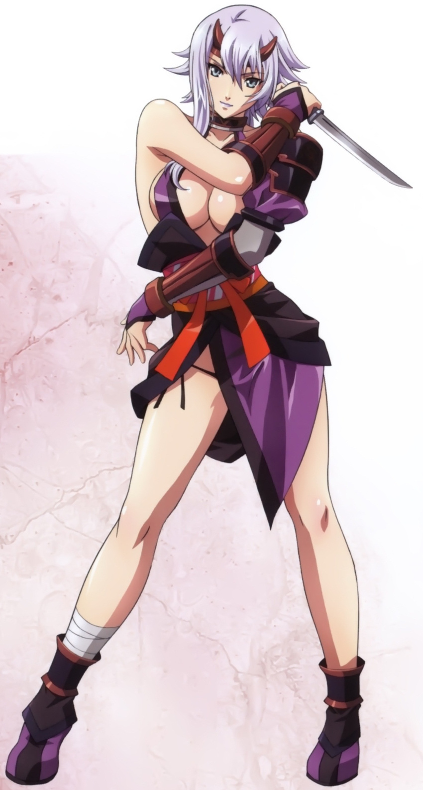 1girl absurdres bandage bare_shoulders breasts cleavage dagger female girl grey_eyes highres lavender_hair lipstick long_hair makeup panties queen's_blade queen's_blade rin-sin shizuka_(queen's_blade) shizuka_(queen's_blade) side-tie_panties solo standing underwear weapon white_hair