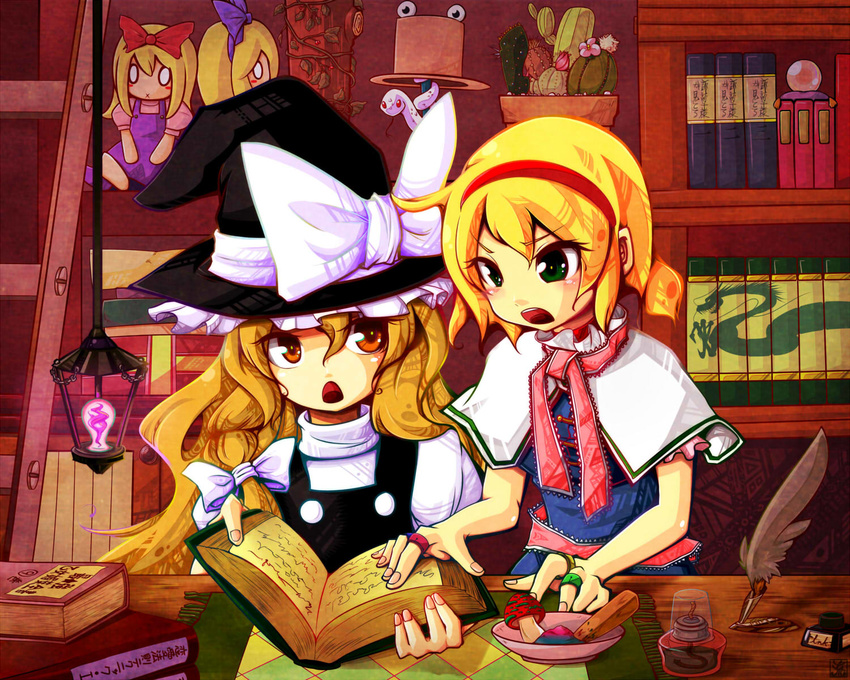 alice_margatroid blonde_hair book bookshelf cactus doll green_eyes hat highres hiwana_(nagare_hibana) ink jewelry kirisame_marisa multiple_girls mushroom open_book open_mouth pyonta quill ring snake touhou witch_hat yellow_eyes