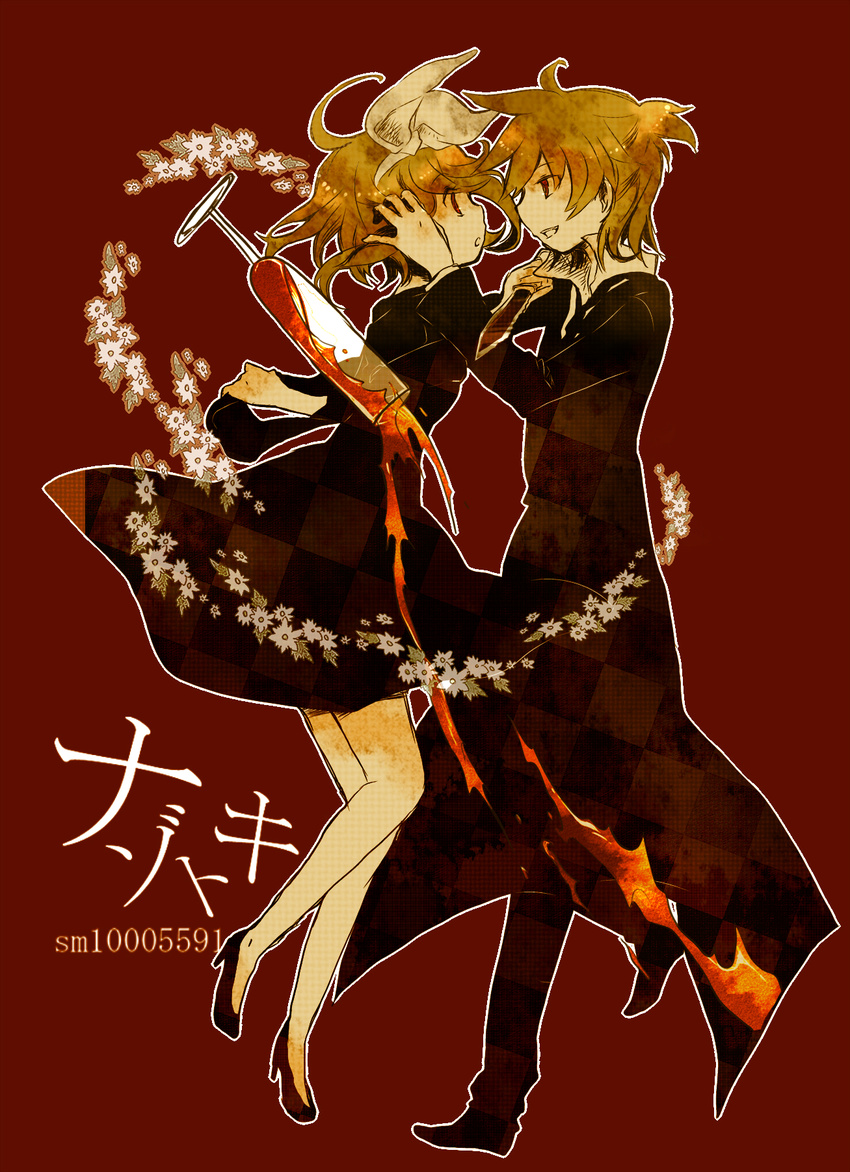 1girl 7:24 blonde_hair bow brother_and_sister cloak dress flower formal glass hair_bow hair_ornament hairclip high_heels highres kagamine_len kagamine_rin knife nazotoki_(vocaloid) necktie red_background red_eyes shoes short_hair siblings sketch smile twins vocaloid